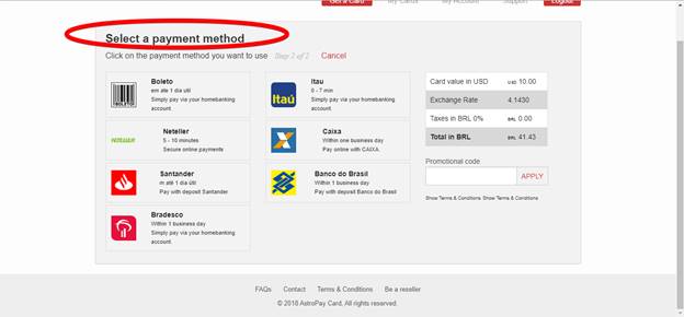 AstroPay screenshot displaying which payment methods can be used to purchase an AstroPay card